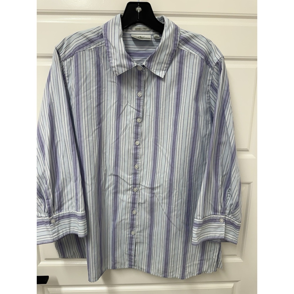 Studio Works Woman 2X Wrinkle Free Button Front Blouse Purple White Stripe A9